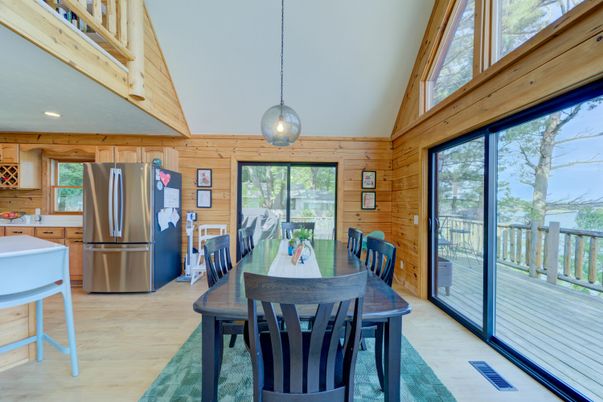 Dining room, Interior, Kitchen, Pendant Lights, Recessed Lighting, Wood Texture Flooring, Wooden Walls