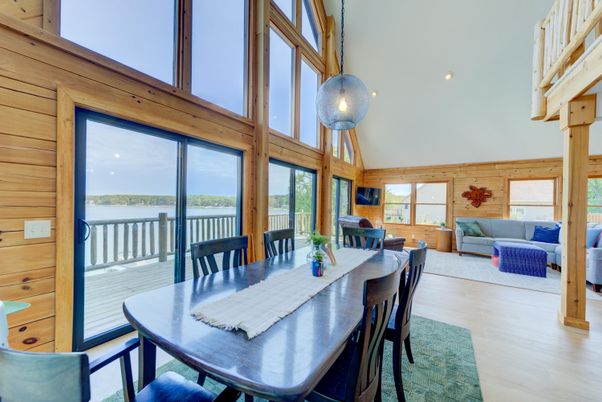 Dining room, Interior, Living room, Pendant Lights, Water, Wood Texture Flooring, Wooden Walls