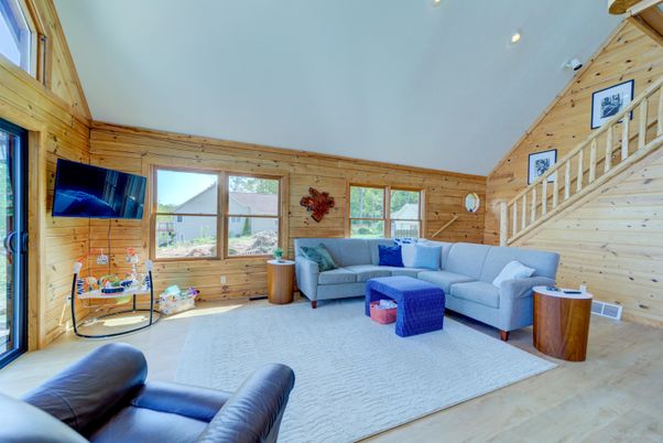 Interior, Living room, Recessed Lighting, Wood Texture Flooring, Wooden Walls