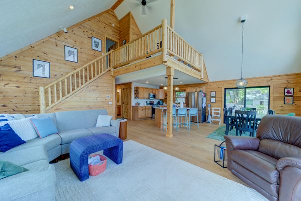 Dining room, Interior, Kitchen, Living room, Pendant Lights, Recessed Lighting, Wood Texture Flooring, Wooden Walls