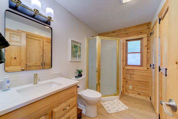 Bathroom, Glass Shower, Interior, Wood Texture Flooring, Wooden Walls