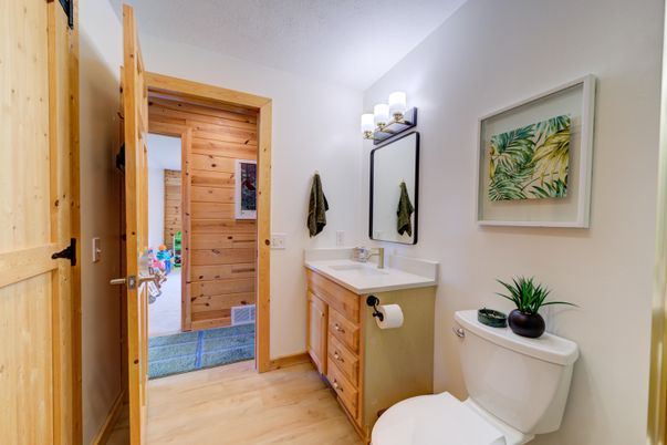 Bathroom, Dual Sink Vanities, Interior, Wood Texture Flooring, Wooden Walls