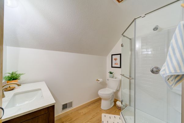 Bathroom, Glass Shower, Interior, Wood Texture Flooring
