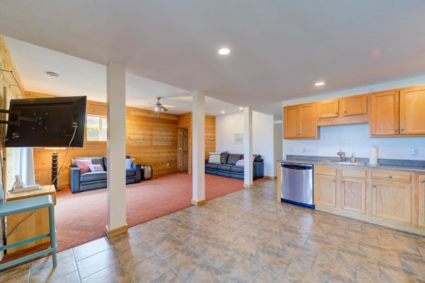 Interior, Kitchen, Living room, Recessed Lighting, Wooden Walls