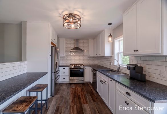 Interior, Kitchen, Pendant Lights, Stainless Steel Appliances, Wood Texture Flooring