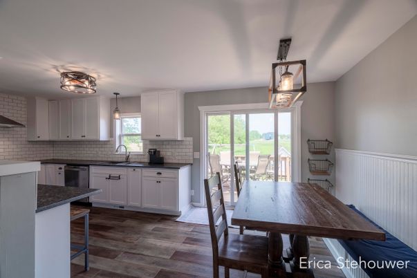 Dining room, Interior, Kitchen, Pendant Lights, Wood Texture Flooring