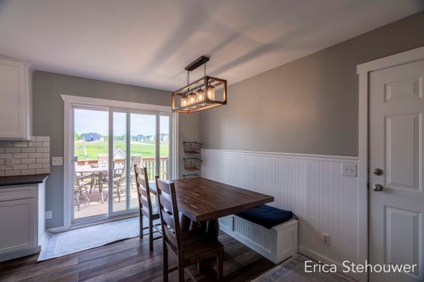 Dining room, Interior, Pendant Lights, Wood Texture Flooring