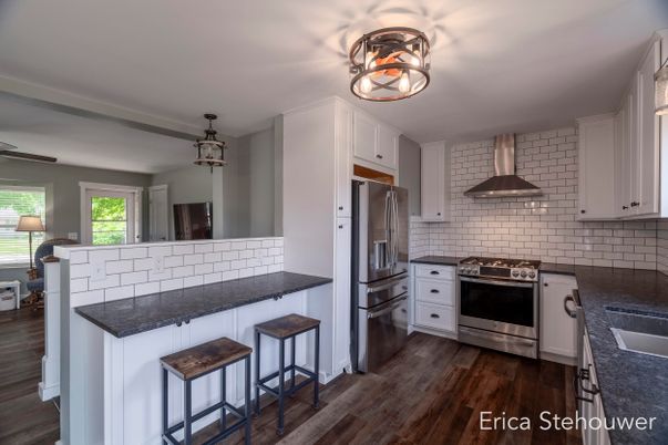 Interior, Kitchen, Pendant Lights, Stainless Steel Appliances, Wood Texture Flooring