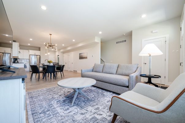 Dining room, Interior, Kitchen, Living room, Pendant Lights, Recessed Lighting, Stainless Steel Appliances, Wood Texture Flooring