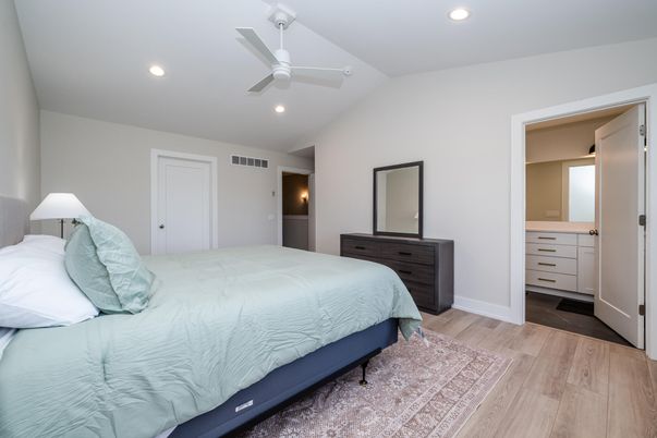 Bedroom, Interior, Recessed Lighting, Wood Texture Flooring