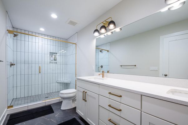 Bathroom, Dual Sink Vanities, Glass Shower, Interior, Recessed Lighting
