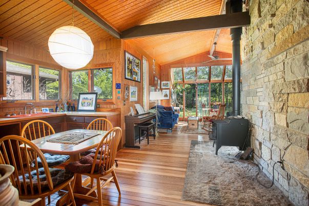 Dining room, Fireplace, Interior, Pendant Lights, Piano, Stone Walls, Wooden Beams, Wooden Ceilings, Wood Texture Flooring