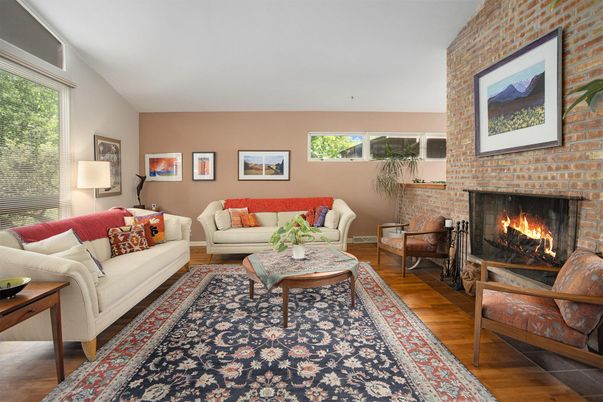 Fireplace, Interior, Living room, Stone Walls, Wood Texture Flooring