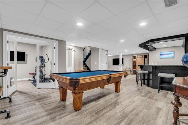 Billiard Table, Fitness Equipment, Game Room, Interior, Recessed Lighting, Wood Texture Flooring