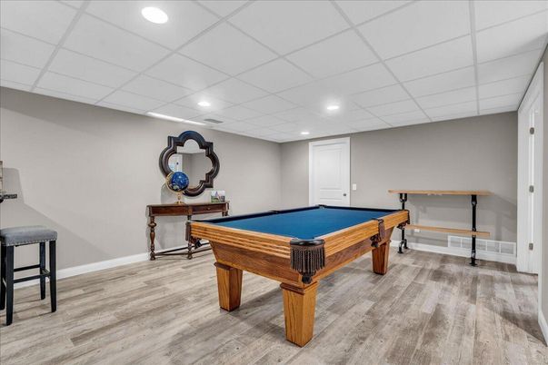 Billiard Table, Game Room, Interior, Recessed Lighting, Wood Texture Flooring