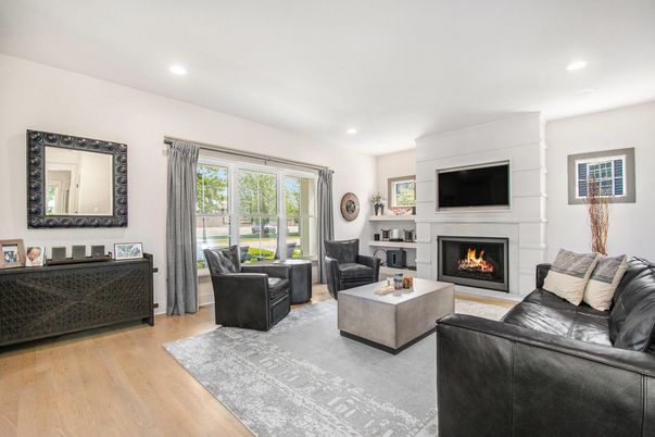 Fireplace, Interior, Living room, Recessed Lighting, Wood Texture Flooring