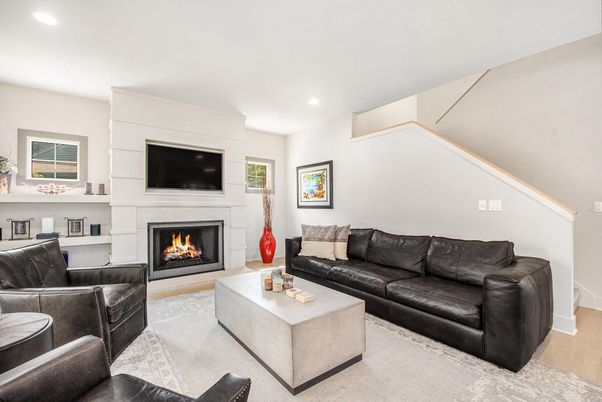 Fireplace, Interior, Living room, Recessed Lighting, Wood Texture Flooring