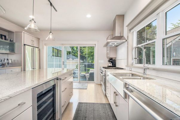 Interior, Kitchen, Pendant Lights, Recessed Lighting, Stainless Steel Appliances, Wood Texture Flooring
