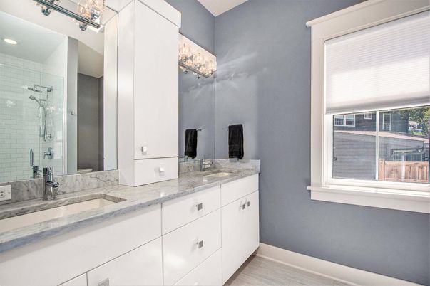 Bathroom, Dual Sink Vanities, Glass Shower, Interior, Recessed Lighting