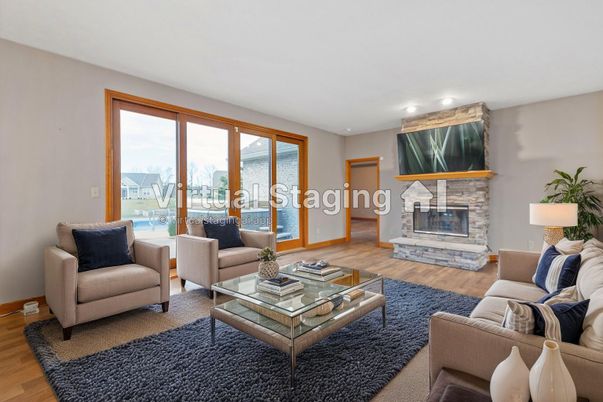 Fireplace, Interior, Living room, Recessed Lighting, Water, Wood Texture Flooring