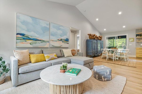 Dining room, Interior, Living room, Recessed Lighting, Wood Texture Flooring