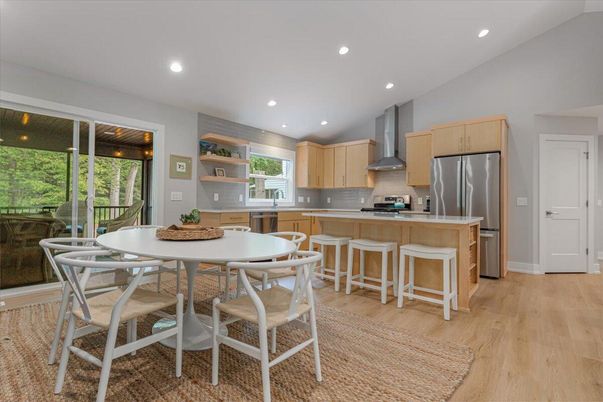 Dining room, Interior, Kitchen, Recessed Lighting, Stainless Steel Appliances, Wood Texture Flooring
