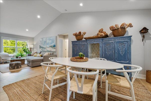 Dining room, Interior, Living room, Recessed Lighting, Wood Texture Flooring