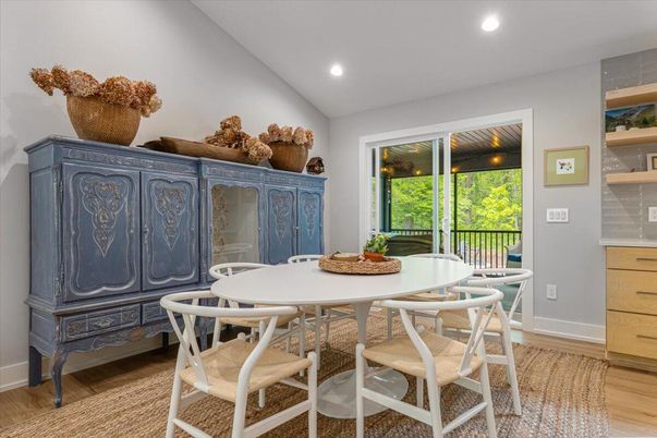 Dining room, Interior, Recessed Lighting, Wood Texture Flooring
