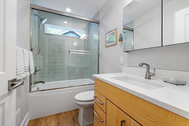 Bathroom, Glass Shower, Interior, Recessed Lighting, Wood Texture Flooring