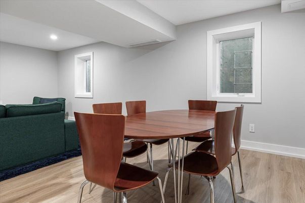 Dining room, Interior, Recessed Lighting, Wood Texture Flooring
