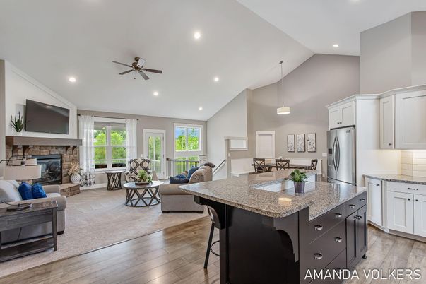 Dining room, Fireplace, Interior, Kitchen, Living room, Pendant Lights, Recessed Lighting, Wood Texture Flooring