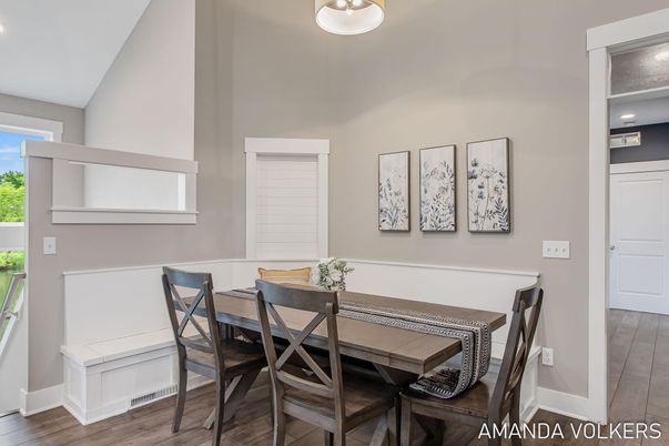 Dining room, Interior, Recessed Lighting, Wood Texture Flooring