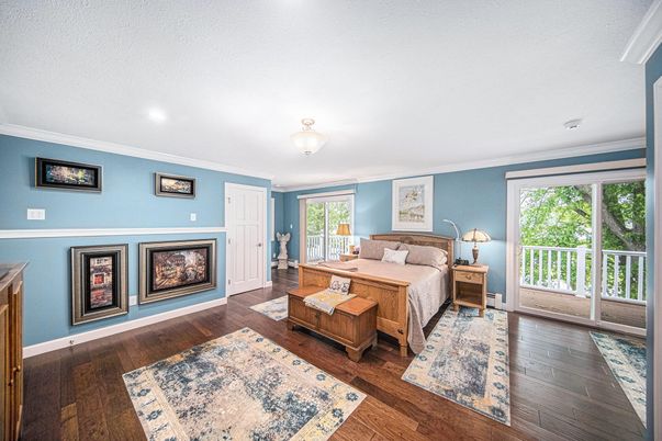 Bedroom, Fireplace, Interior, Recessed Lighting, Wood Texture Flooring