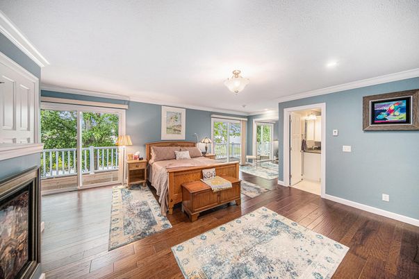 Bedroom, Fireplace, Interior, Recessed Lighting, Wood Texture Flooring