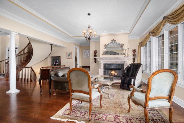 Chandelier, Fireplace, Interior, Living room, Recessed Lighting, Wood Texture Flooring