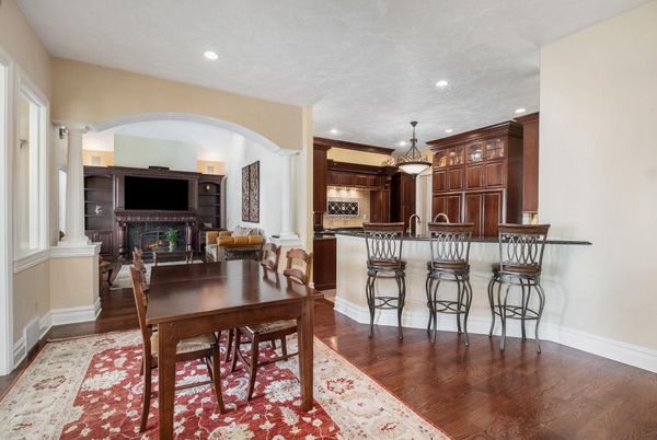 Dining room, Fireplace, Interior, Kitchen, Pendant Lights, Recessed Lighting, Wood Texture Flooring