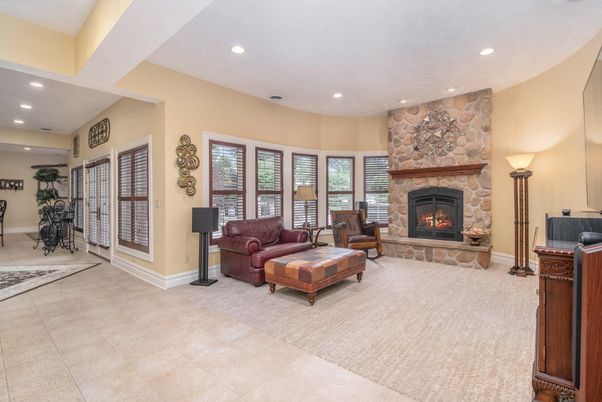 Fireplace, Interior, Living room, Recessed Lighting, Stone Walls