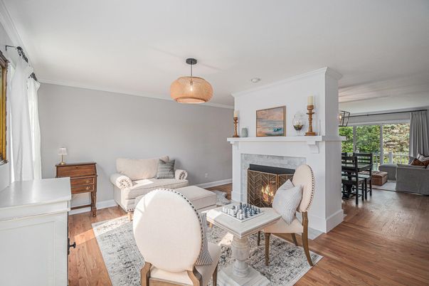 Fireplace, Interior, Living room, Pendant Lights, Wood Texture Flooring