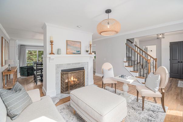 Fireplace, Interior, Living room, Pendant Lights, Wood Texture Flooring