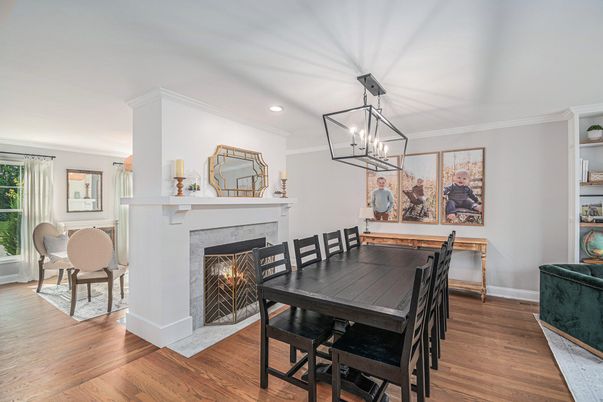 Dining room, Fireplace, Interior, Pendant Lights, Recessed Lighting, Wood Texture Flooring