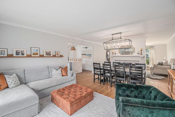 Dining room, Fireplace, Interior, Living room, Pendant Lights, Wood Texture Flooring