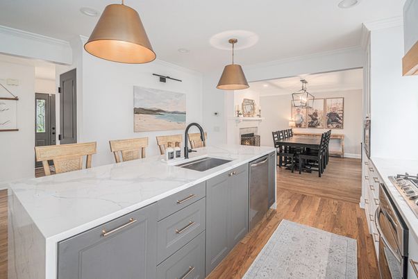 Dining room, Fireplace, Interior, Kitchen, Pendant Lights, Recessed Lighting, Stainless Steel Appliances, Wood Texture Flooring