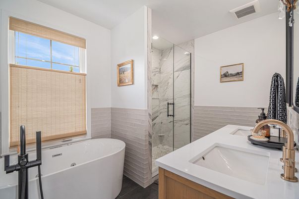 Bathroom, Dual Sink Vanities, Free Standing Baths, Glass Shower, Interior, Marble Walls, Recessed Lighting