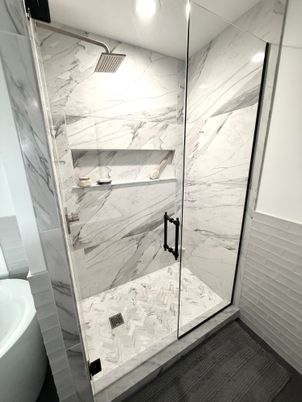 Bathroom, Glass Shower, Interior, Marble Walls, Recessed Lighting