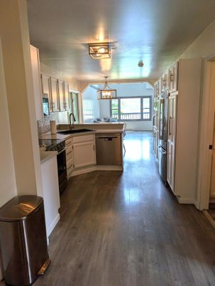 Interior, Kitchen, Pendant Lights, Stainless Steel Appliances, Wood Texture Flooring