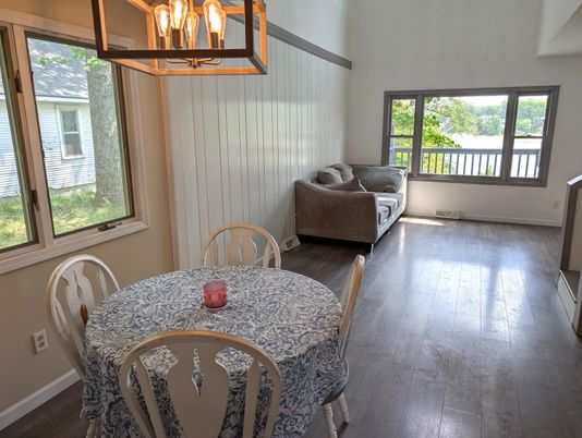 Dining room, Interior, Pendant Lights, Wood Texture Flooring