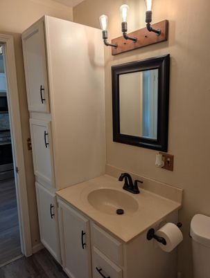 Bathroom, Chandelier, Interior, Wood Texture Flooring