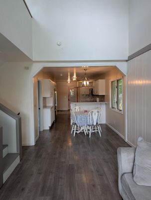 Dining room, Interior, Kitchen, Pendant Lights, Wood Texture Flooring