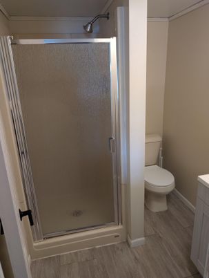 Bathroom, Glass Shower, Interior, Wood Texture Flooring