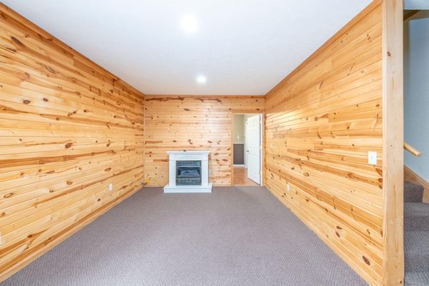 Empty room, Fireplace, Interior, Recessed Lighting, Wooden Walls